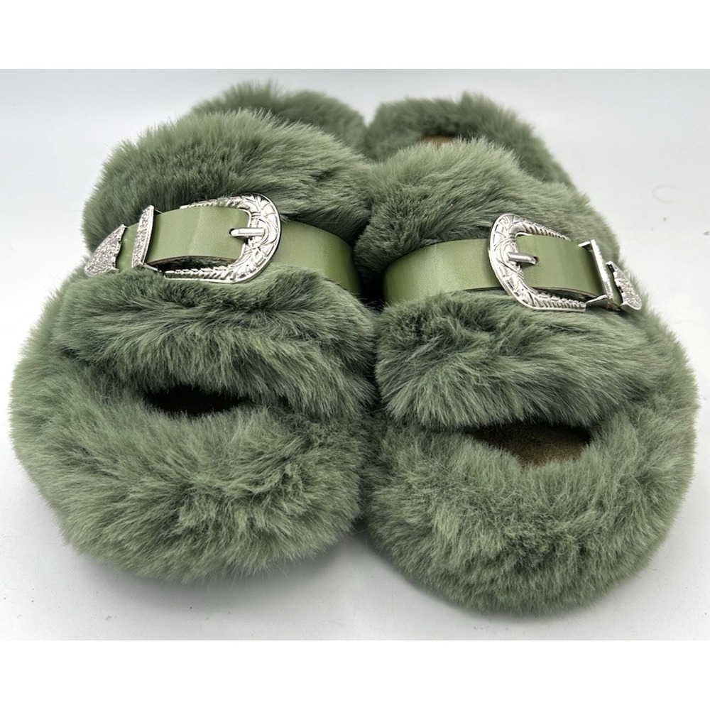 2 Fly Shoe Fly Faux Fur Slip-On Slippers Buckles Western Fuzzy Cacti Green M 7/8